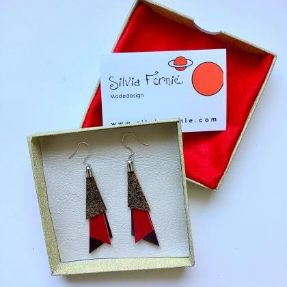 Tri Red Leather Earrings - Pendientes Cuero Tri..