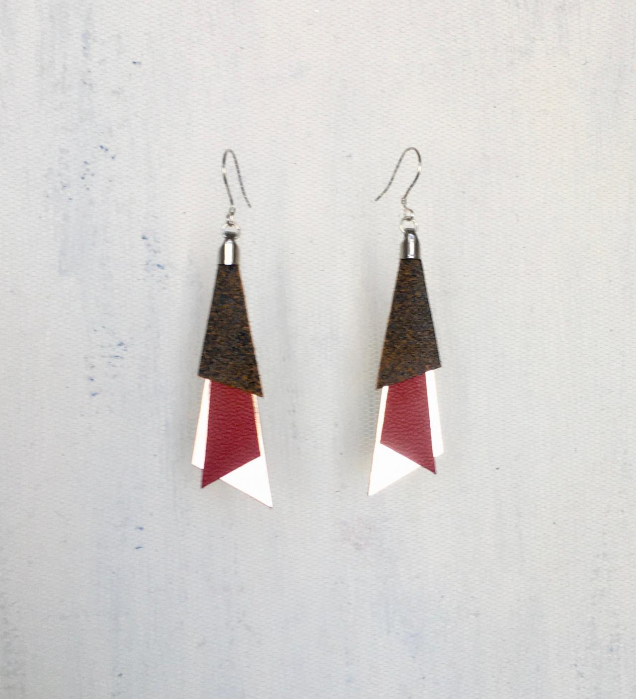 Tri Red Leather Earrings - Pendientes Cuero Tri Rojo