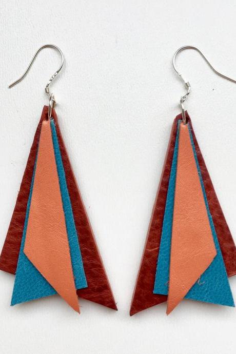 Tri Orange, red, turquoise earrings - Pendientes Tri Naranja, rojo, turquesa