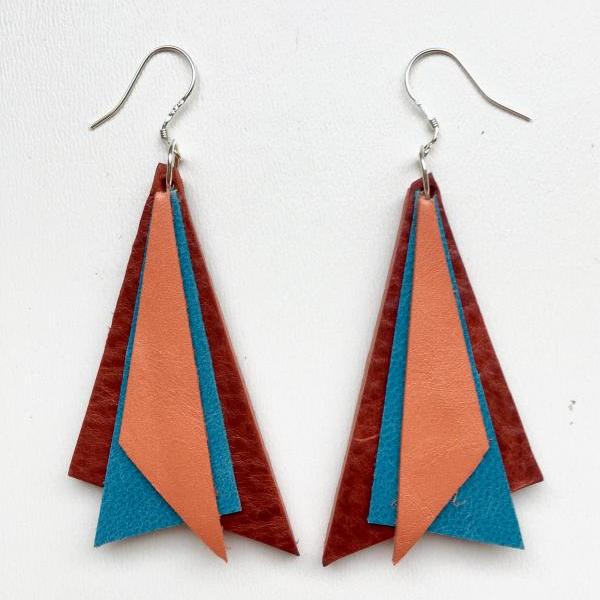 Tri Orange, red, turquoise earrings - Pendientes Tri Naranja, rojo, turquesa